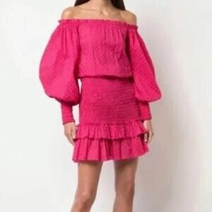 Alexis Marilena Dress Smocked Off-shoulder Fuchsia Polka Dot Size Small